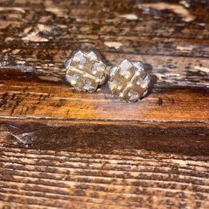 Tory Burch logo stud earrings in silver and gold